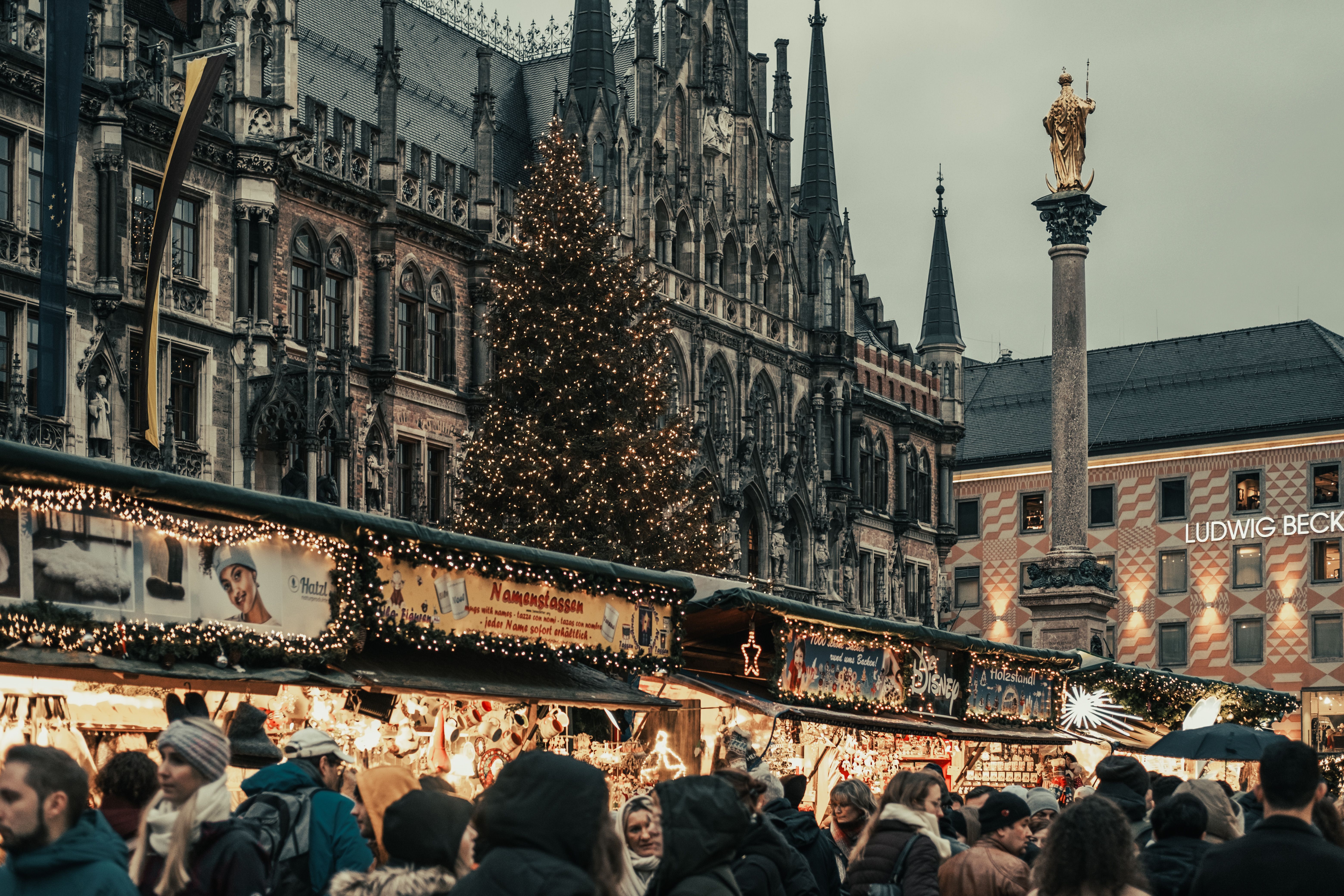 Festive Christmas market stalls and lights at Marienplatz in Munich, Germany