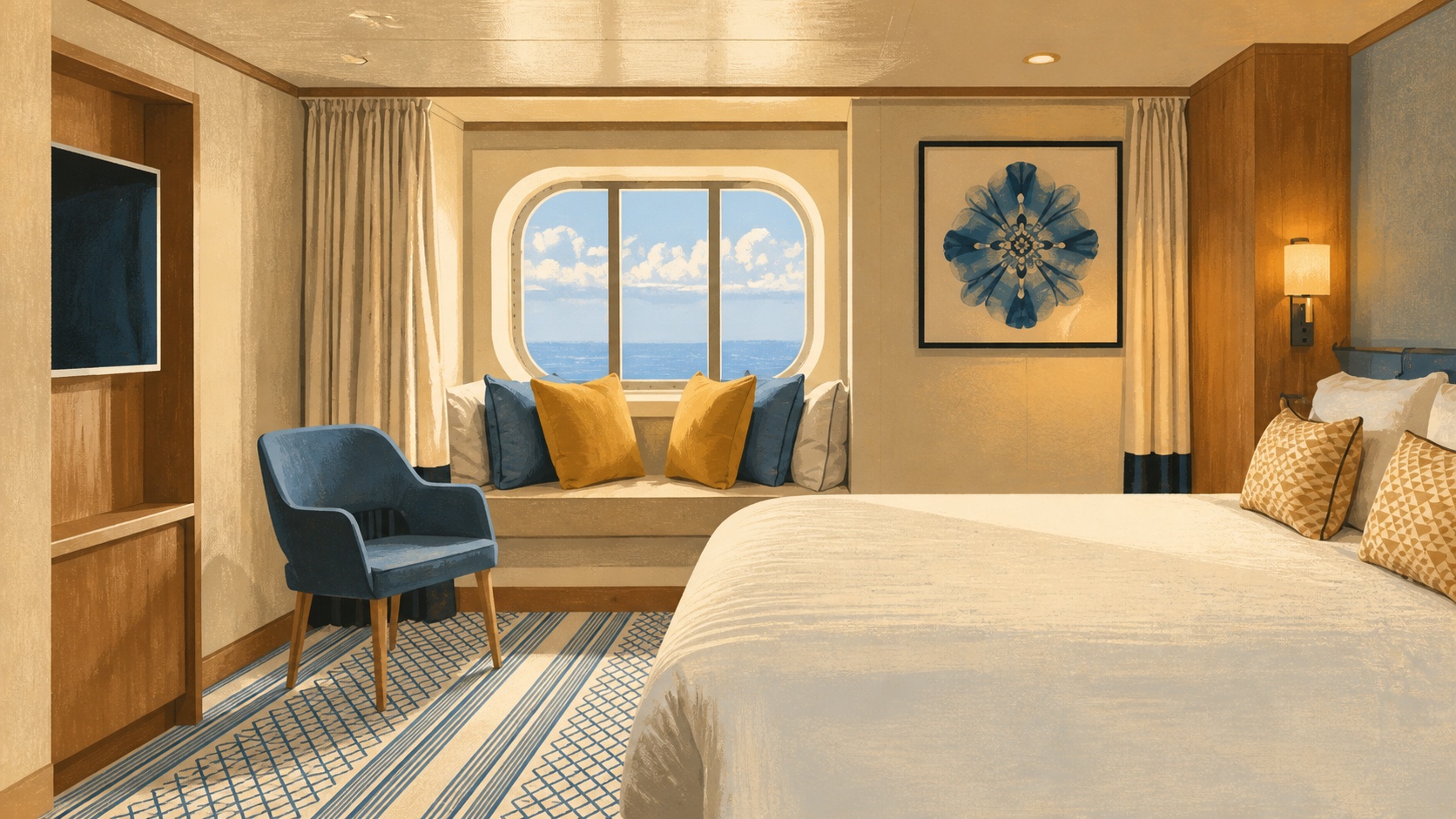 Original illustration inspired by a contemporary cabin aboard P&O Cruises Arvia