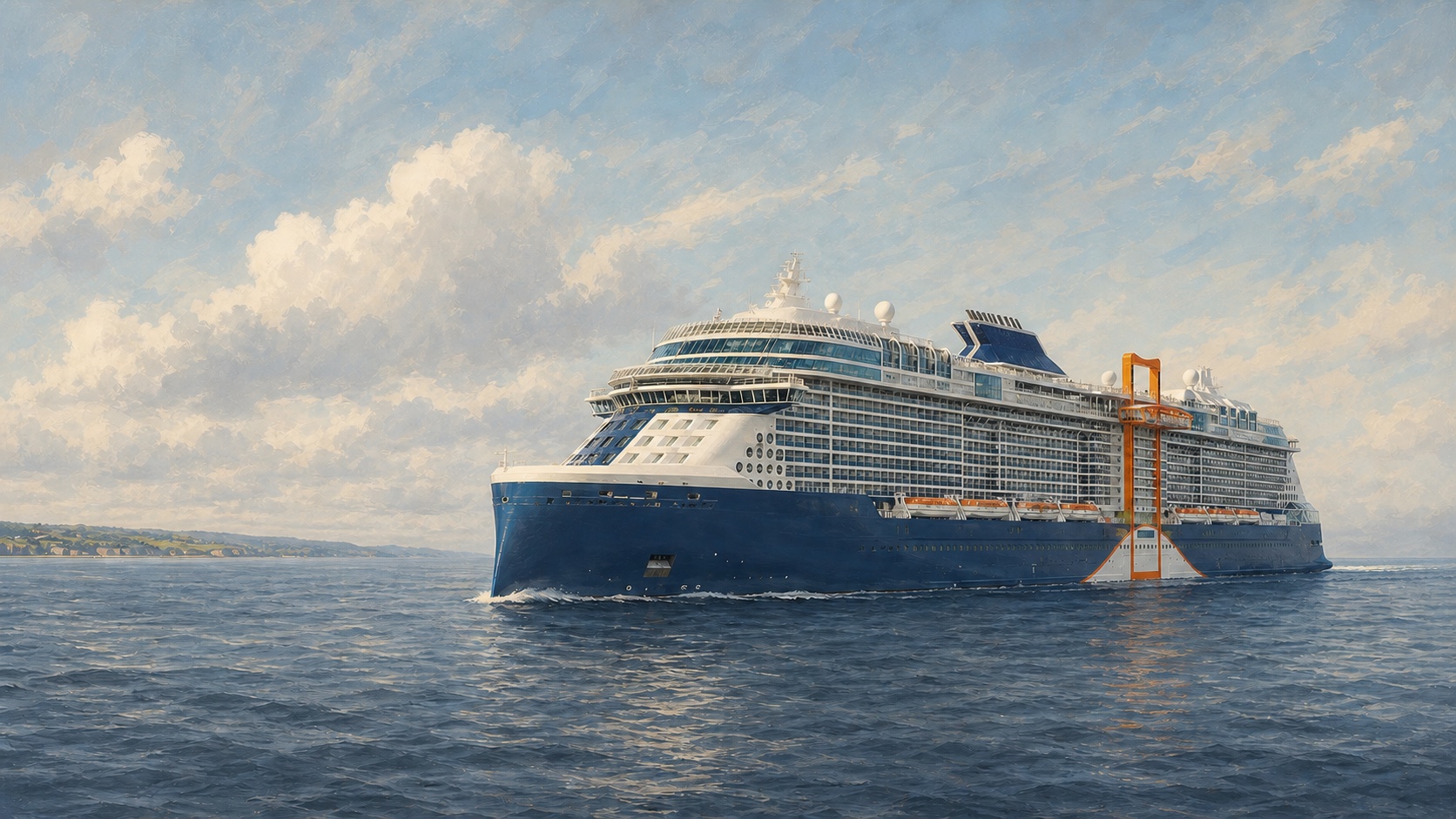 Original painterly illustration of Celebrity Apex sailing at sunset