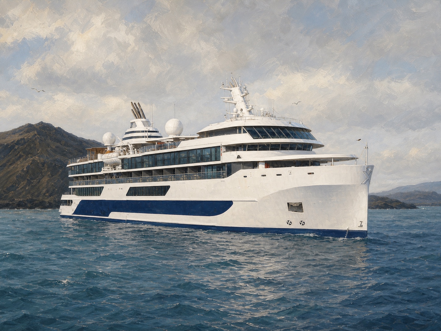 Original painterly illustration of Celebrity Flora representing Celebrity's Galápagos expedition product