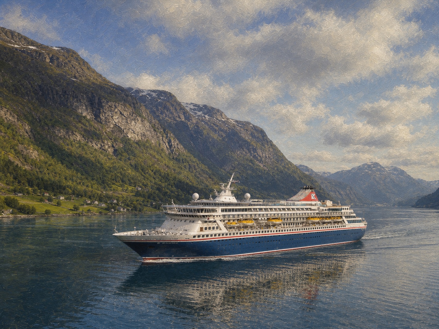Original fine-art maritime illustration of Fred. Olsen's Balmoral sailing through Norwegian scenery
