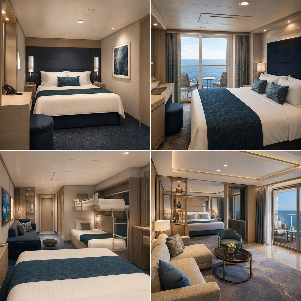 Original illustration board comparing MSC inside, balcony, family and Yacht Club accommodation