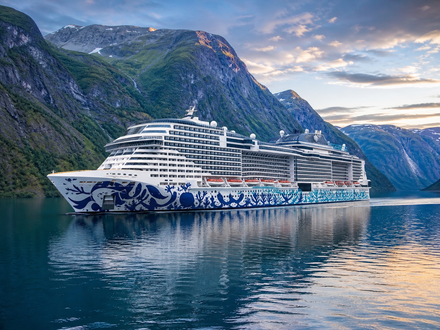 Original fine-art maritime illustration of MSC Euribia in a Norwegian fjord