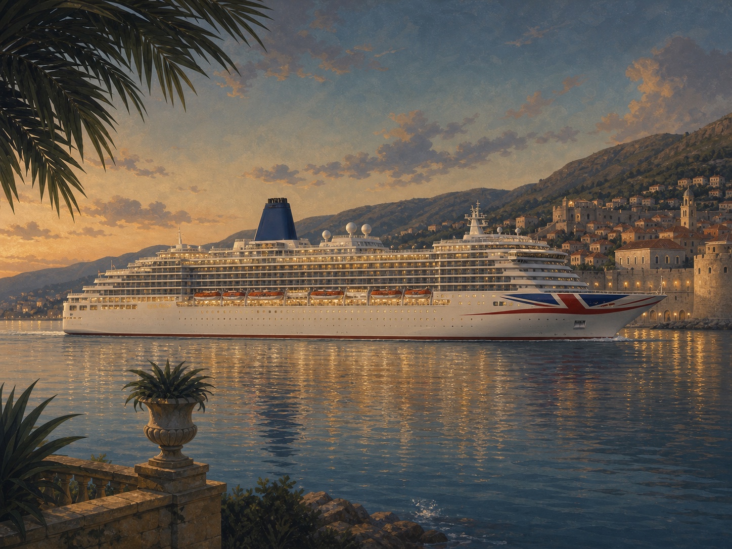 Original painterly illustration of P&O Cruises Arcadia at sea