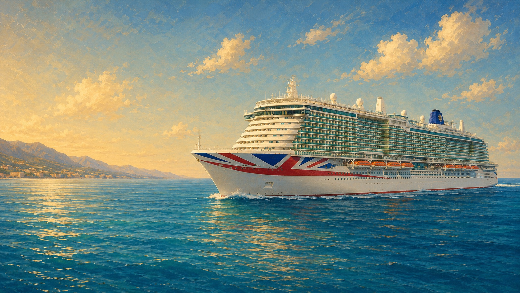 Original illustration of P&O Cruises Arvia sailing through sunlit Mediterranean waters
