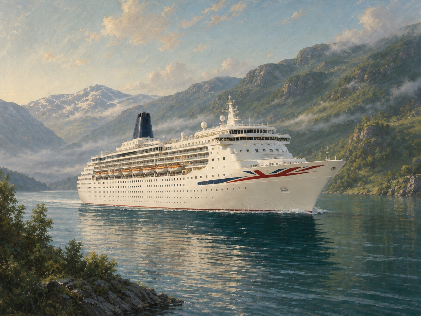 Original painterly illustration of P&O Cruises Aurora at sea