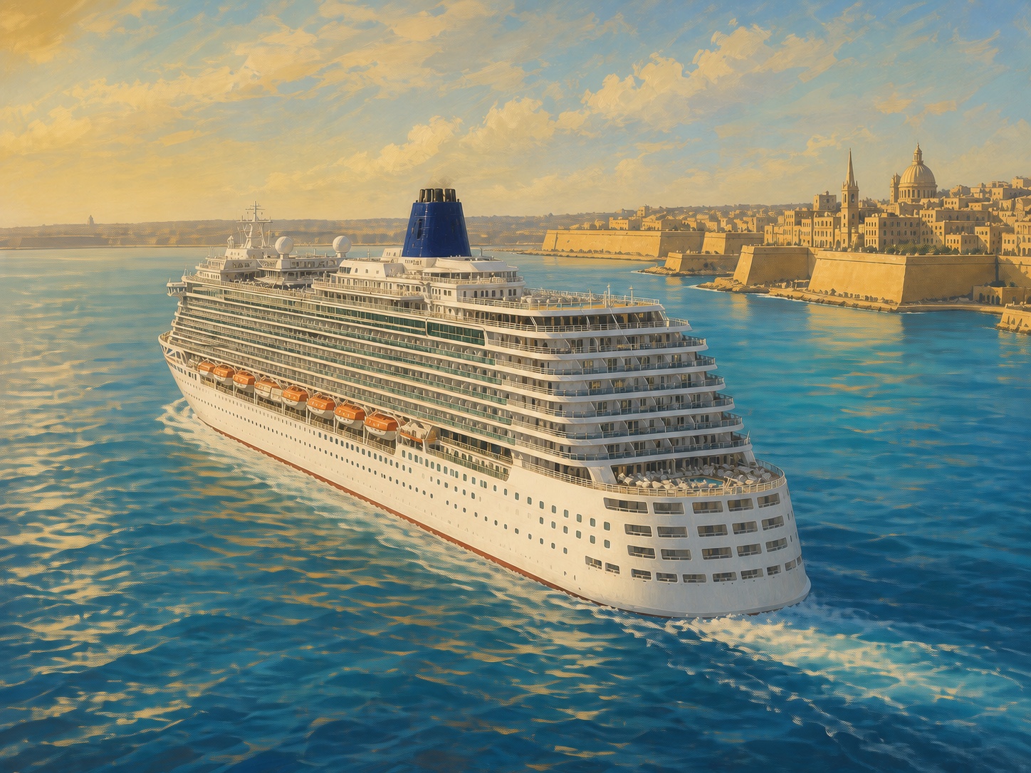 Original painterly illustration of P&O Cruises Azura in warm coastal waters