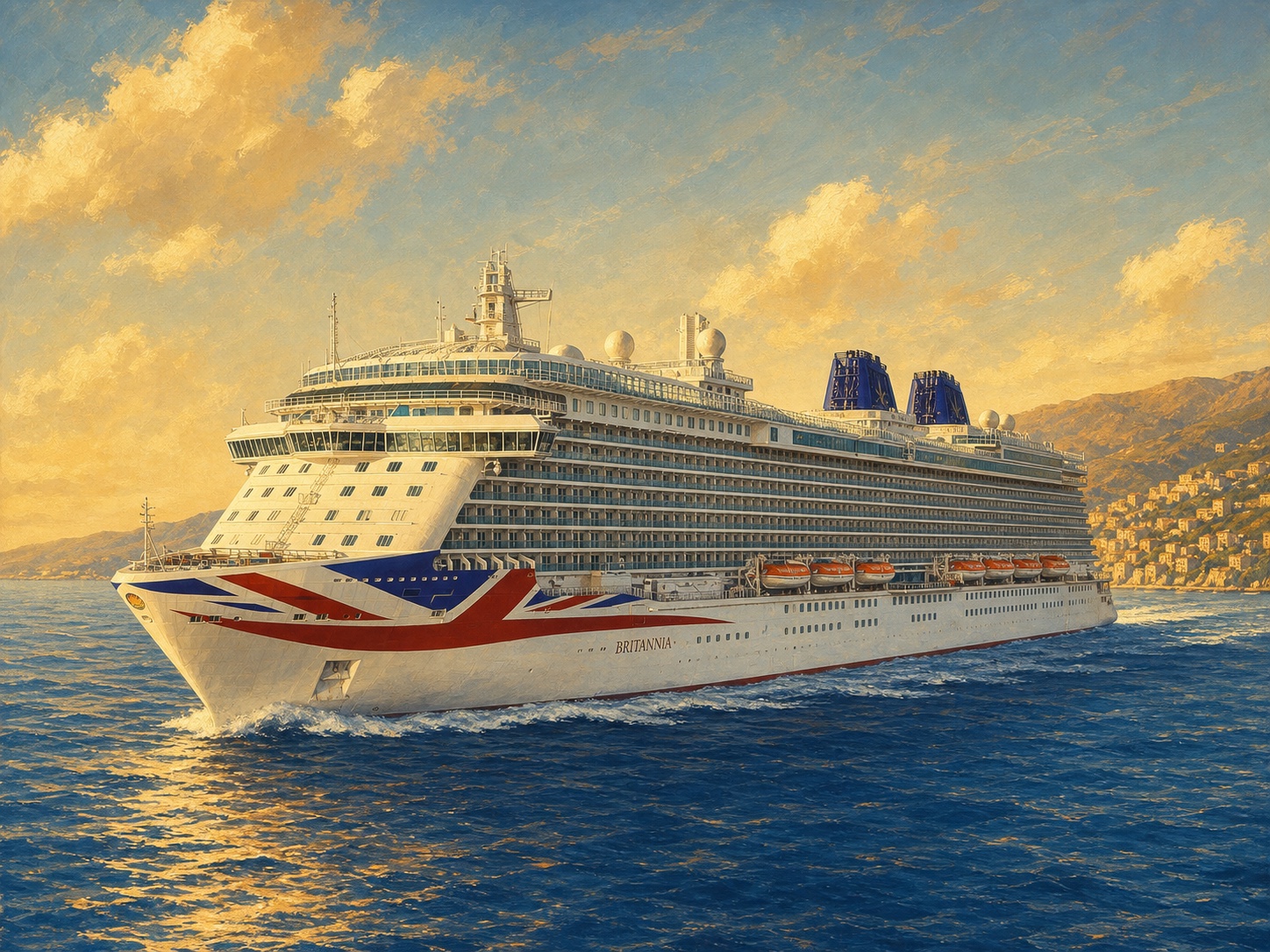 Original painterly illustration of P&O Cruises Britannia at sea