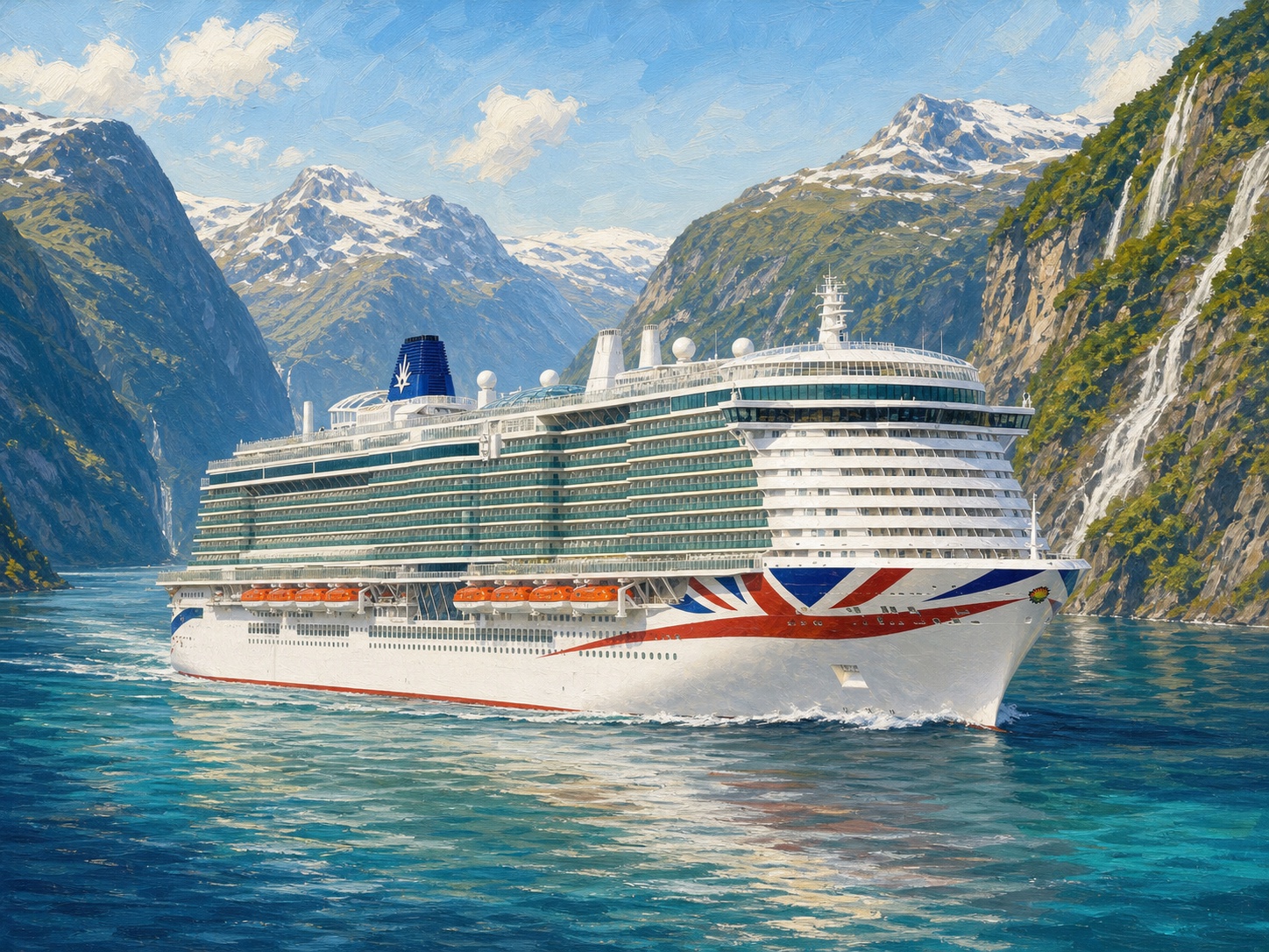 Original painterly illustration of P&O Cruises Iona sailing through a Norwegian fjord