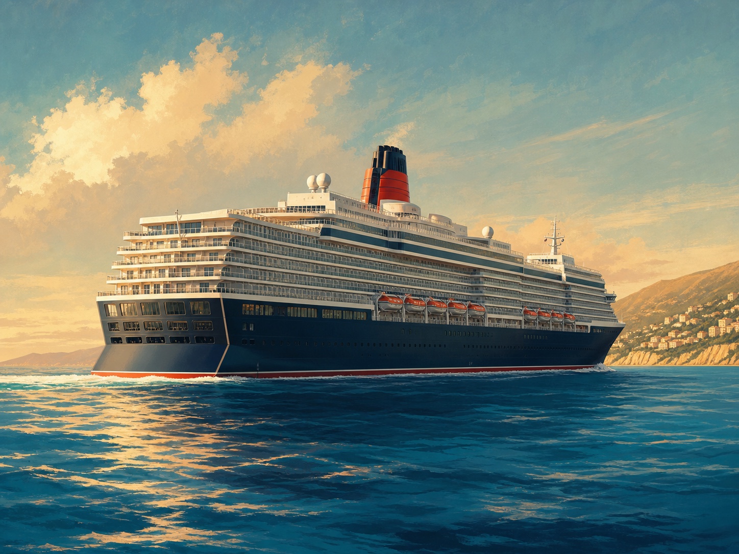 Original vintage travel-poster illustration of Queen Anne in the Mediterranean