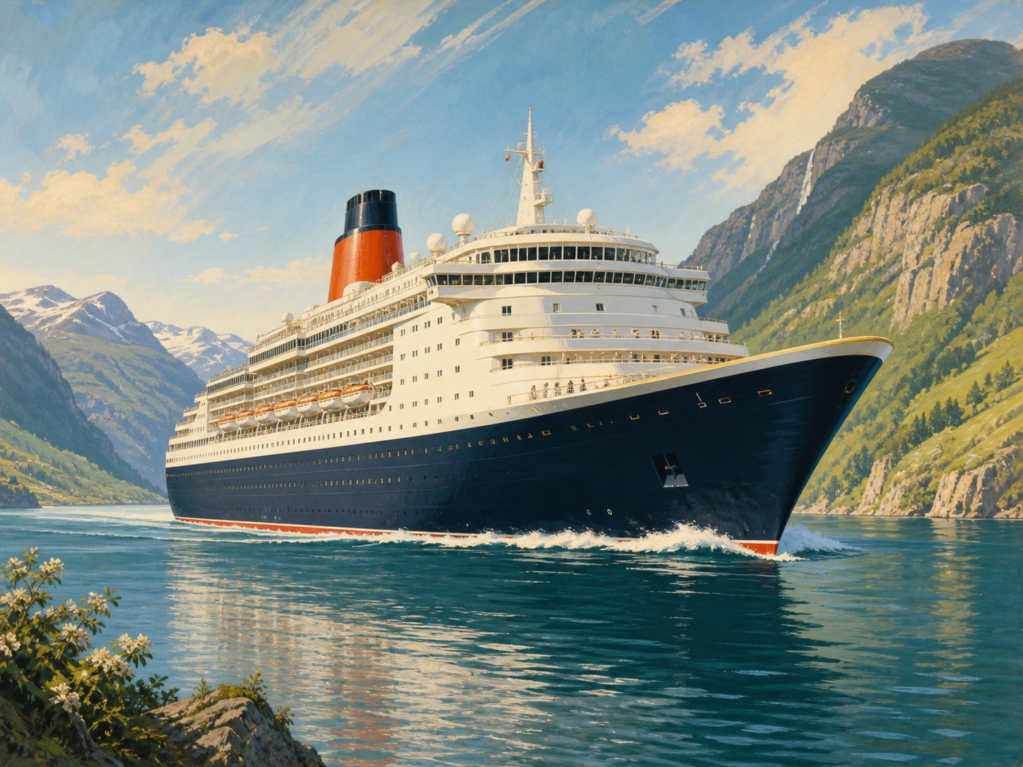 Original vintage travel-poster illustration of Queen Elizabeth sailing through Norwegian fjords