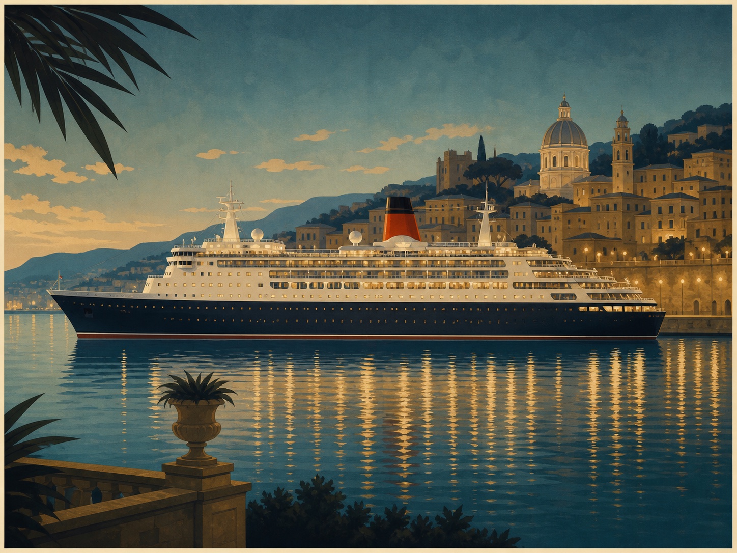 Original vintage travel-poster illustration of Queen Victoria in a European port