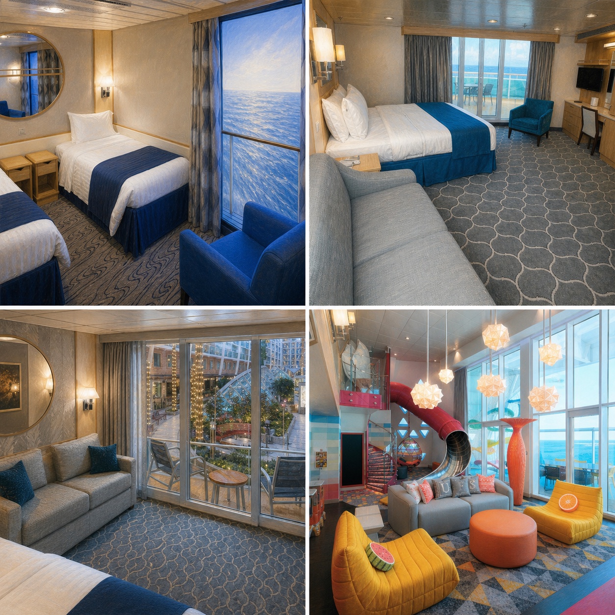 Original illustration board comparing Royal Caribbean accommodation choices