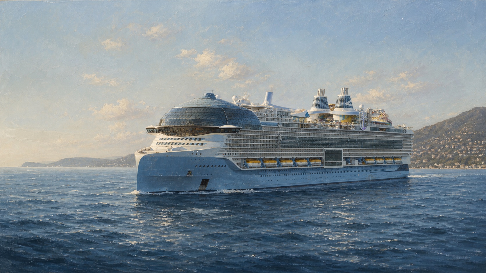 Original realistic maritime illustration of Royal Caribbean's Legend of the Seas in the Mediterranean