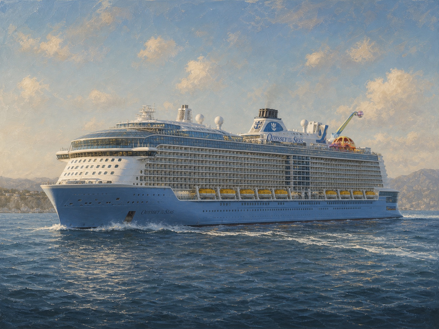 Original realistic maritime illustration of Odyssey of the Seas representing Quantum and Quantum Ultra