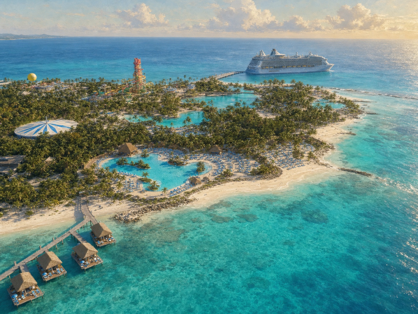 Original realistic travel illustration of Perfect Day at CocoCay showing its distinct beach, pool, waterpark and beach-club areas