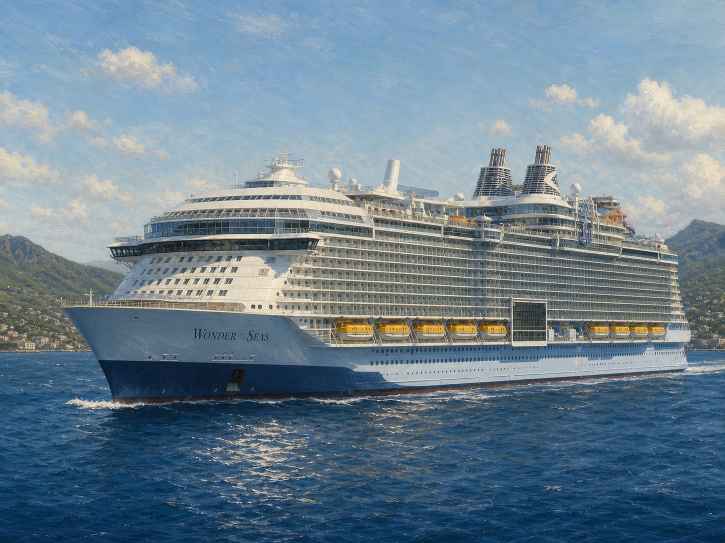 Original realistic maritime illustration of Wonder of the Seas representing Oasis Class