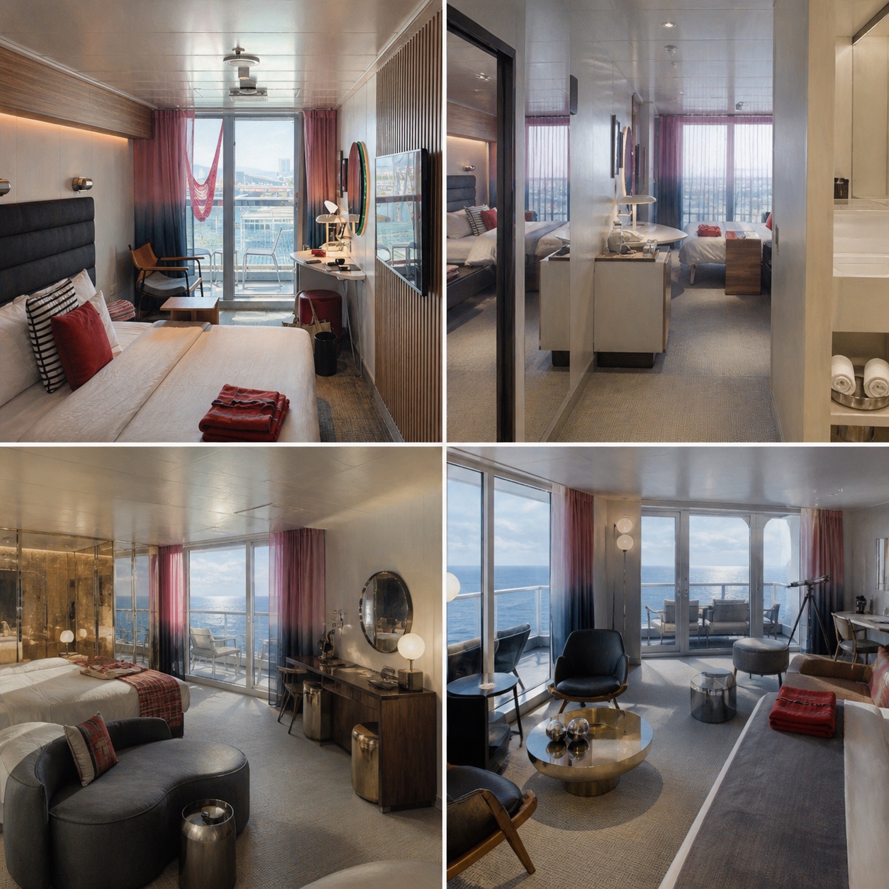 Original illustration board comparing Valiant Lady Sea Terrace, XL Sea Terrace, Seriously Suite and Massive Suite accommodation