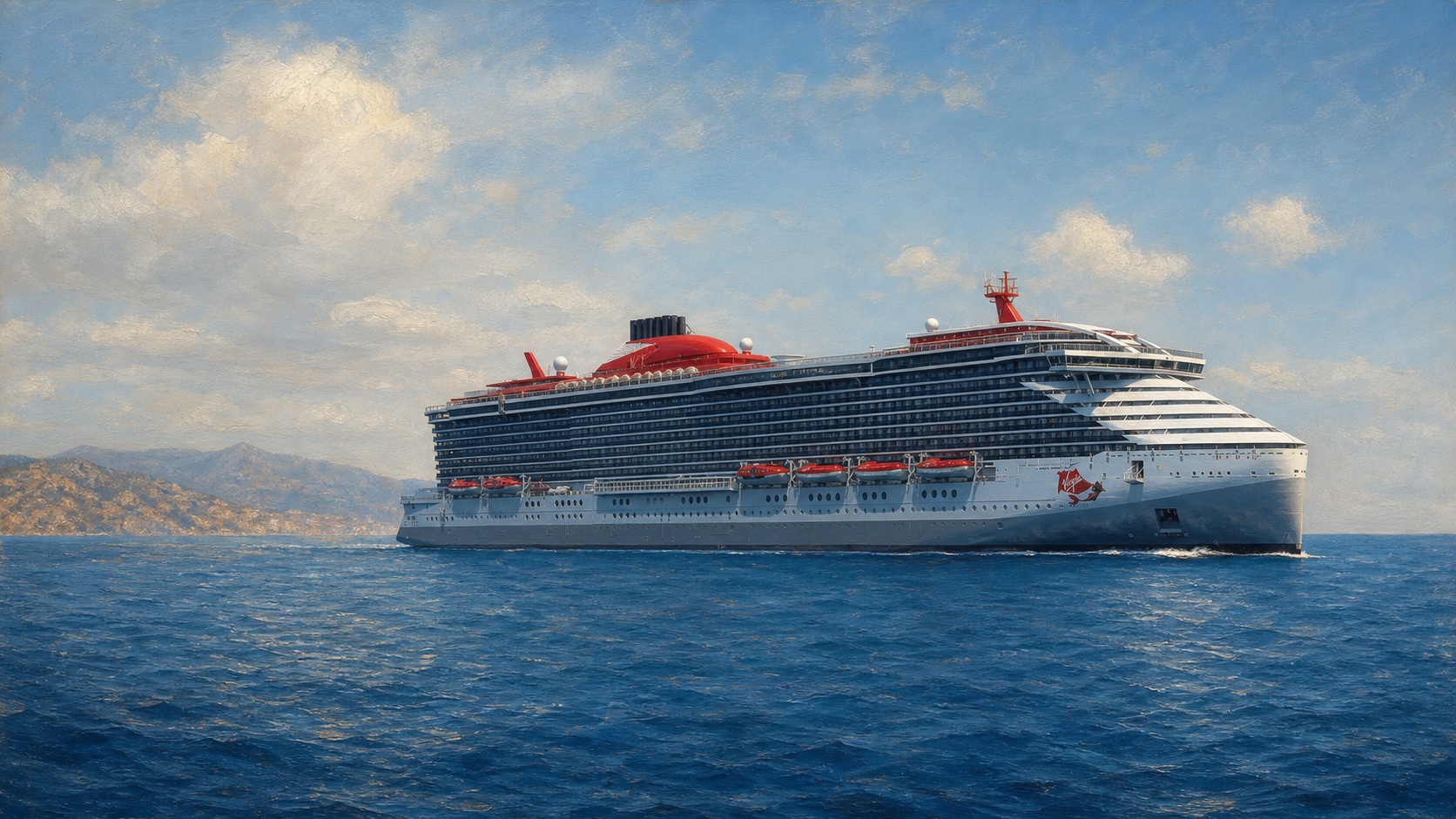 Original fine-art maritime illustration of Virgin Voyages' Valiant Lady in the Mediterranean