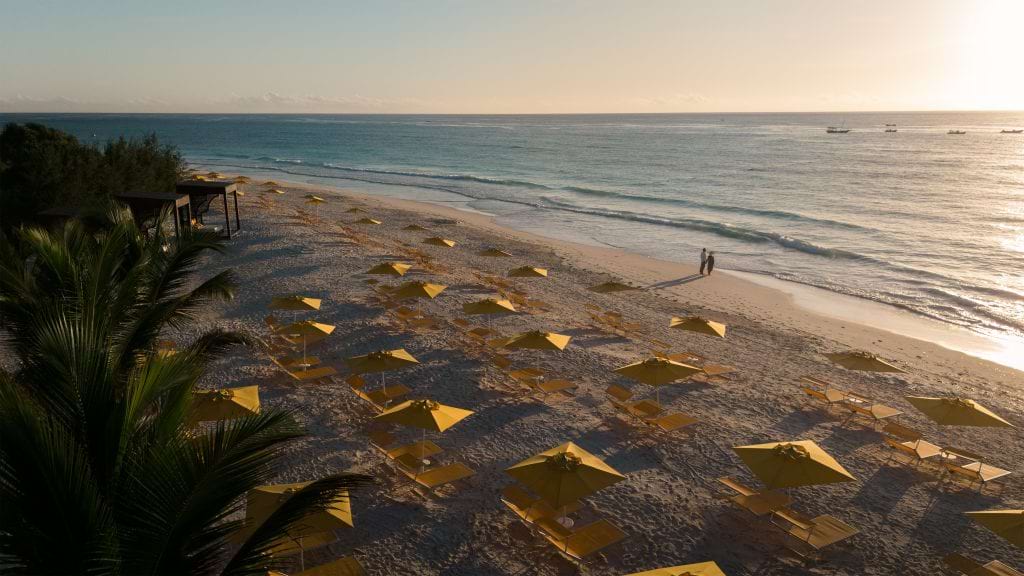 White sand beach at The Mora Zanzibar in the morning light