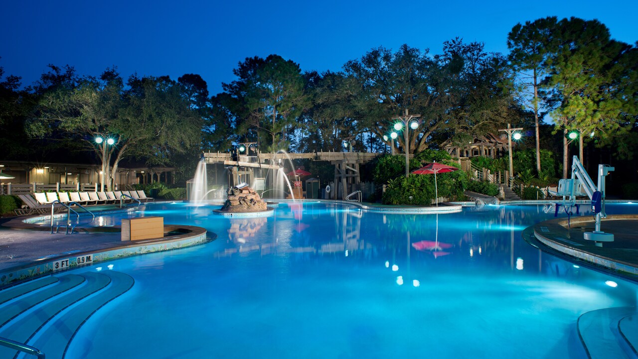 Ol’ Man Island pool at Disney’s Port Orleans Resort – Riverside after dark