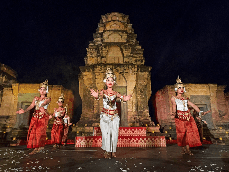 Traditional Cambodian dancers at an Angkor temple · Gala dinner included in this journey