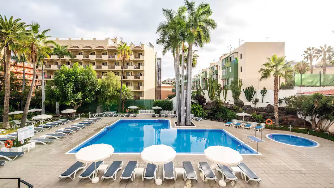 Palm-framed pool at Be Live Adults Only Tenerife in Puerto de la Cruz