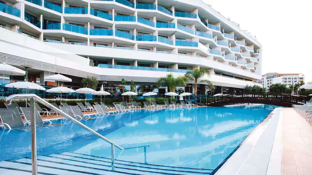 Bright pool and modern hotel at Selene Beach and Spa in Alanya, Turkey